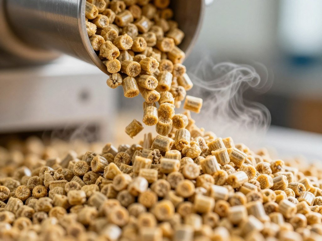 Close-up of chicken feed pellets being produced from a pellet machine Close-up of chicken feed pellets being produced from a pellet machine