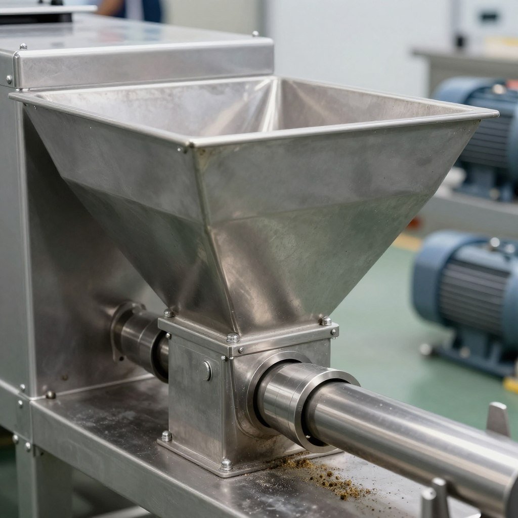 Close-up of pellet machine feeding hopper and screw conveyor system