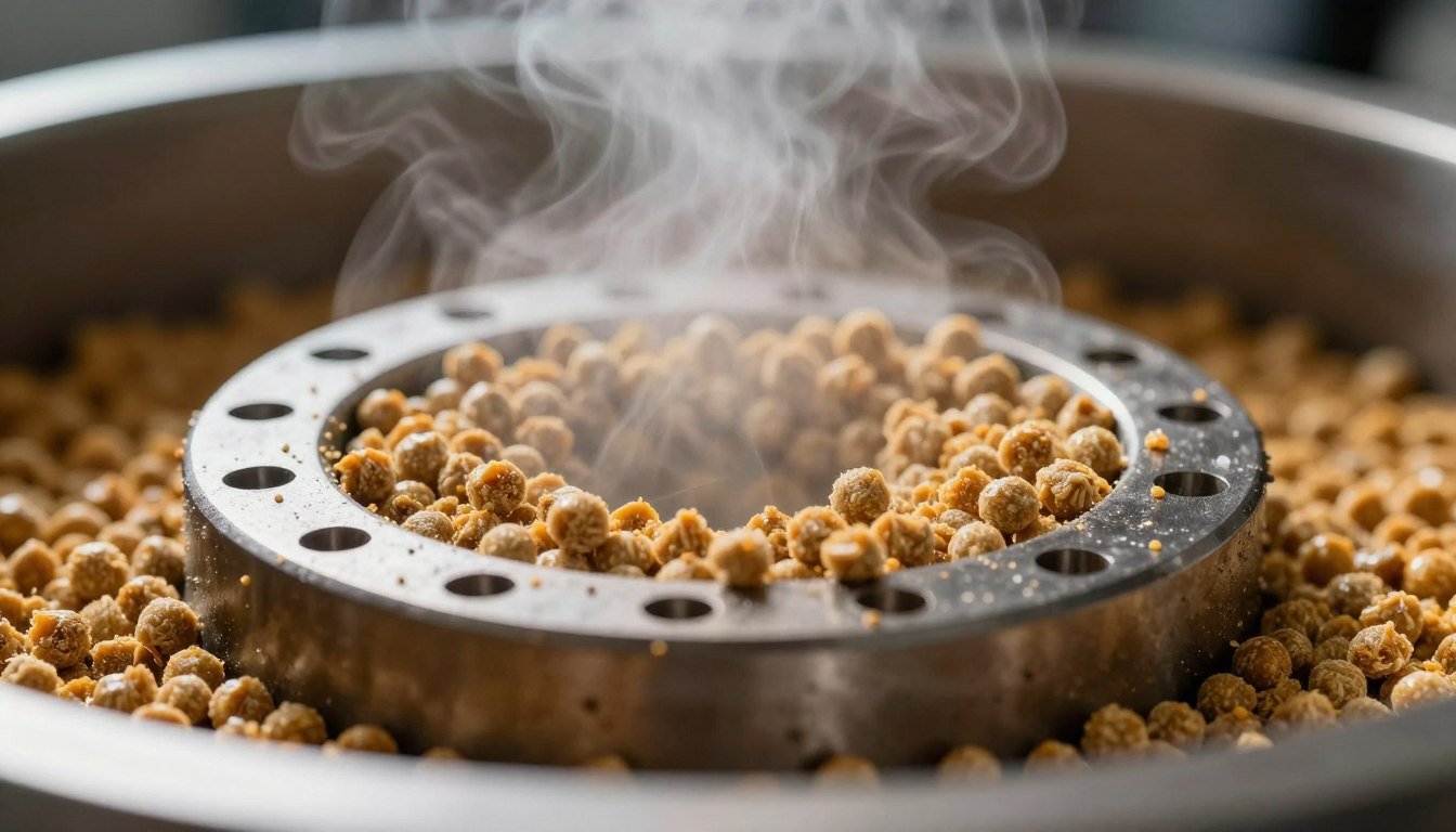 Close-up of pellets being formed through ring die