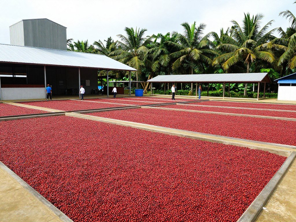 Coffee processing facility with drying beds