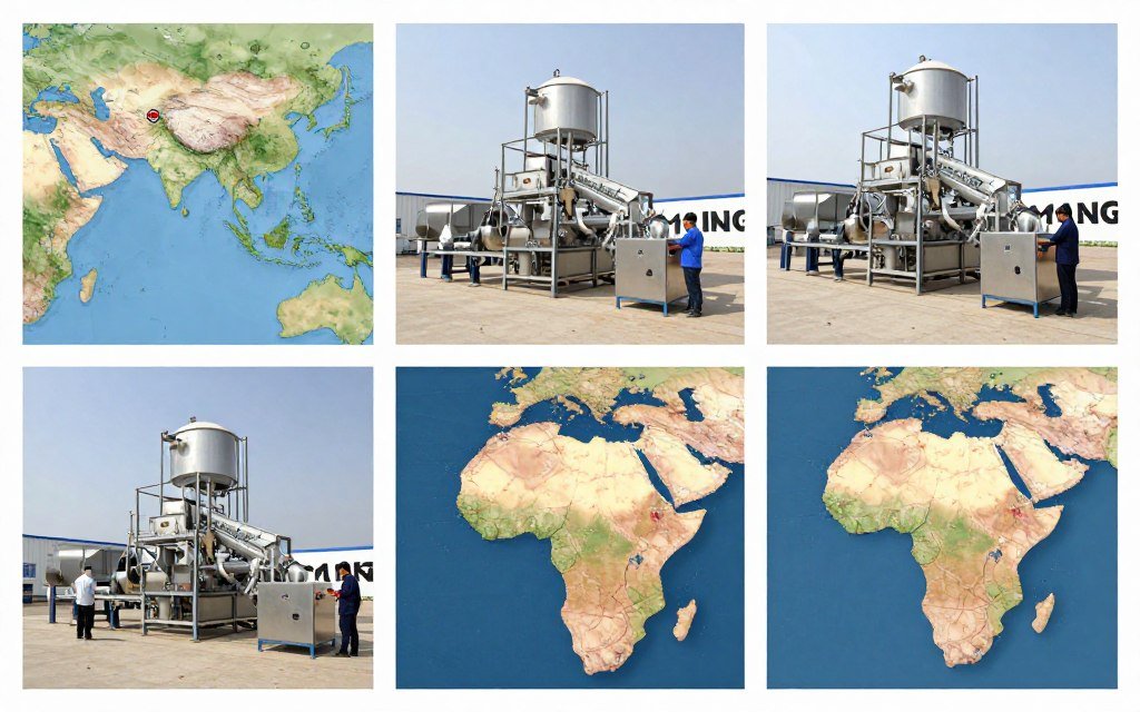 Collage of MAIKONG feed production installations across different countries