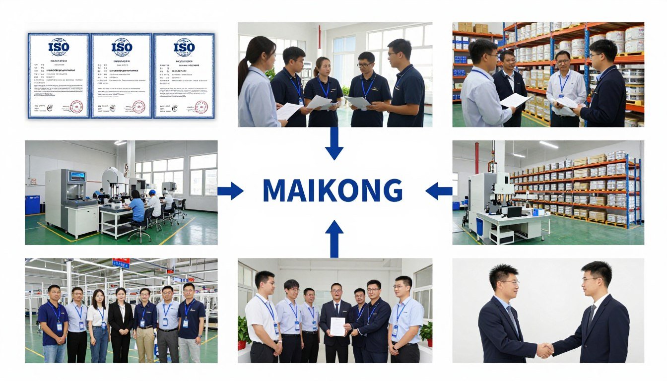 Collage showing MAIKONG's seven key advantages including quality, support, and partnership
