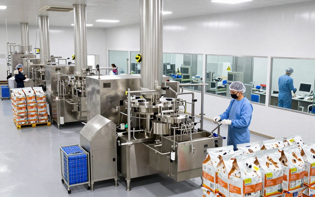Commercial MAIKONG pet food production facility showing complete manufacturing line