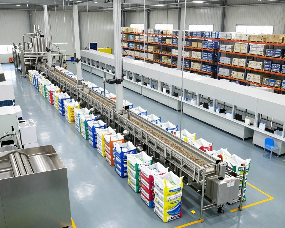 Commercial aqua feed manufacturing facility with multiple product lines