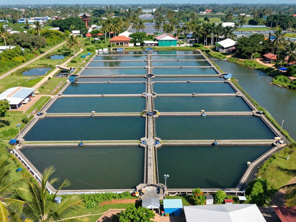 Commercial fish farm with pond systems