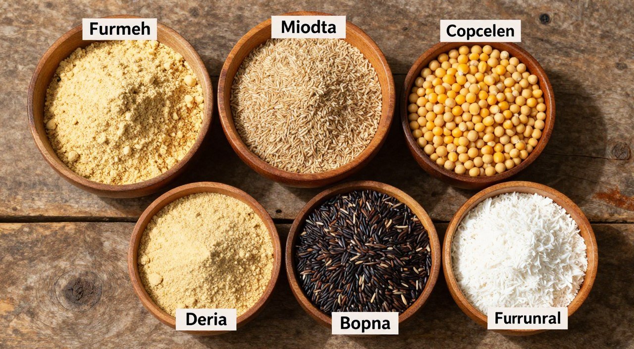 Common Philippine aqua feed raw materials including fish meal, soybean meal, corn, and rice bran