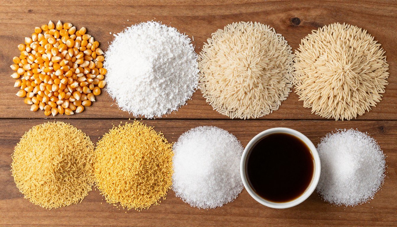 Common Philippine cattle feed raw materials including corn, copra meal, and rice bran