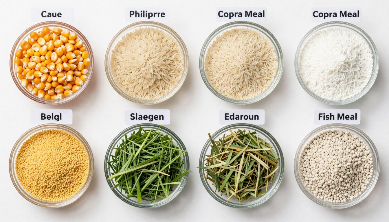 Common Philippine feed raw materials displayed