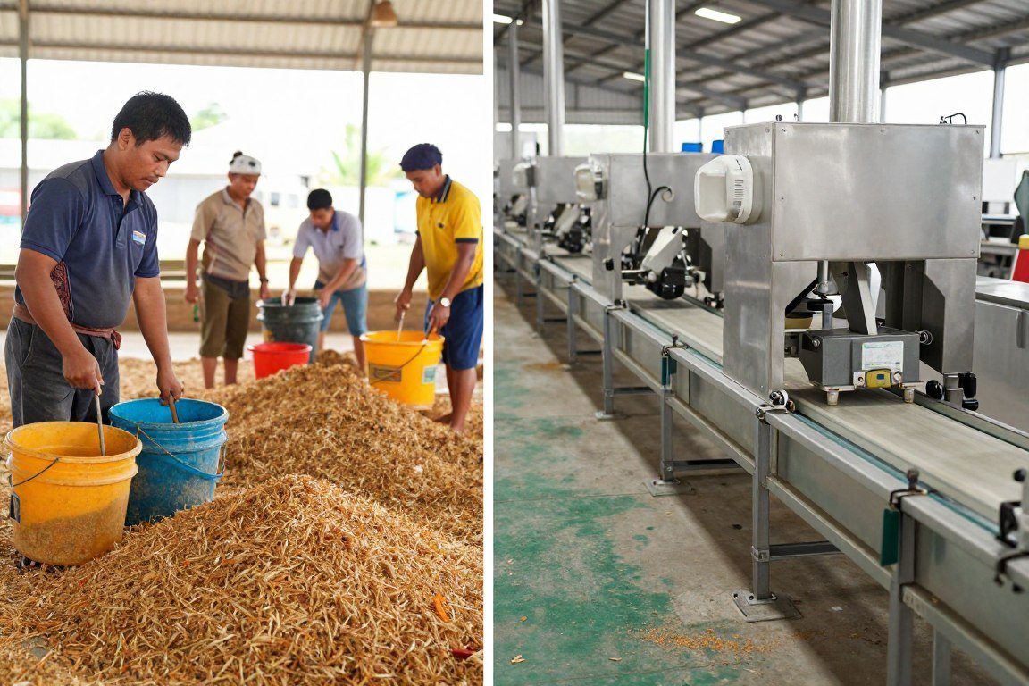 Comparison between manual feed mixing and automated production line Comparison between manual feed mixing and automated production line