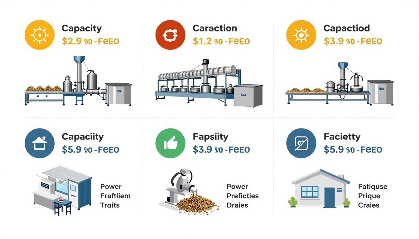 Comparison chart showing different chicken feed production line capacities and prices