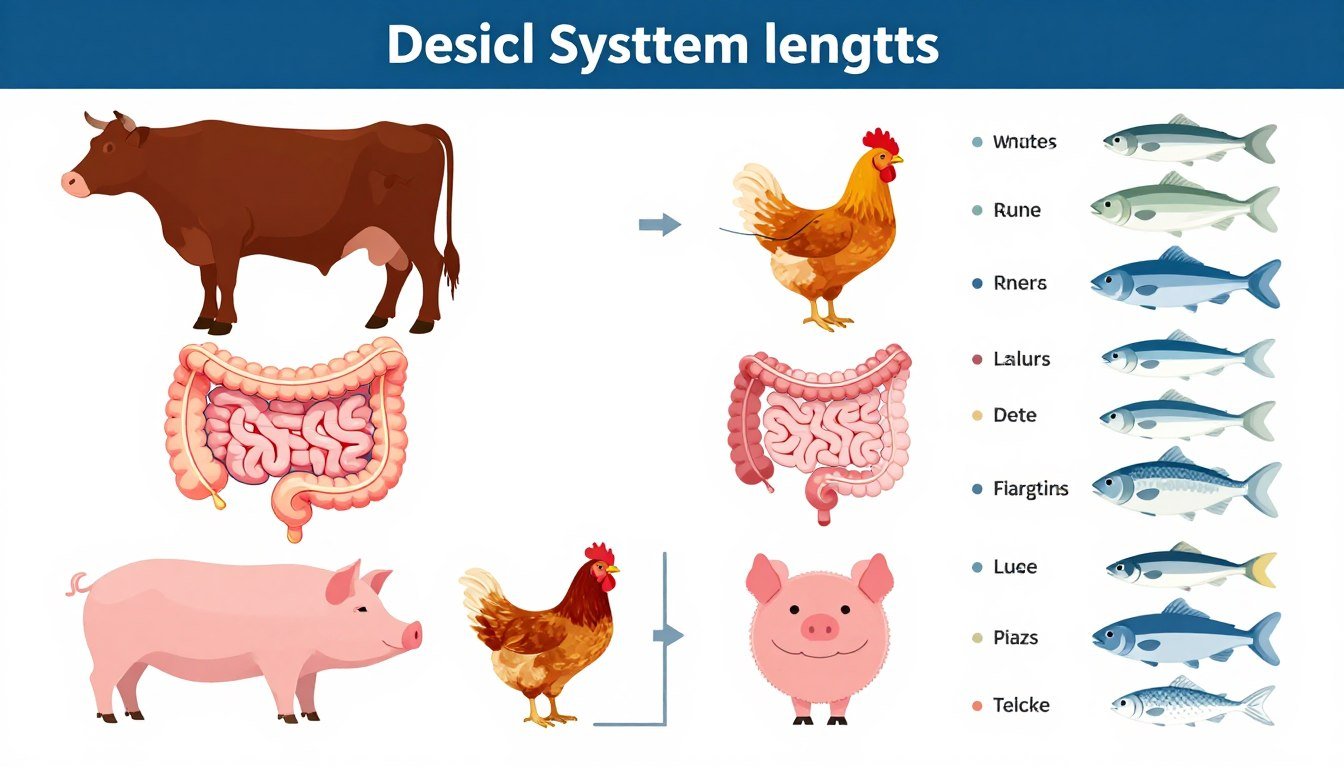 Comparison diagram showing digestive tract lengths of different animals scaled to body size