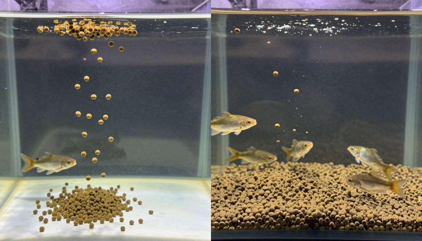 Comparison display showing floating and sinking fish feed pellets side by side in aquarium