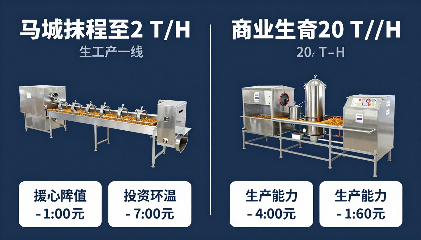 Comparison infographic of small-scale versus commercial feed production lines