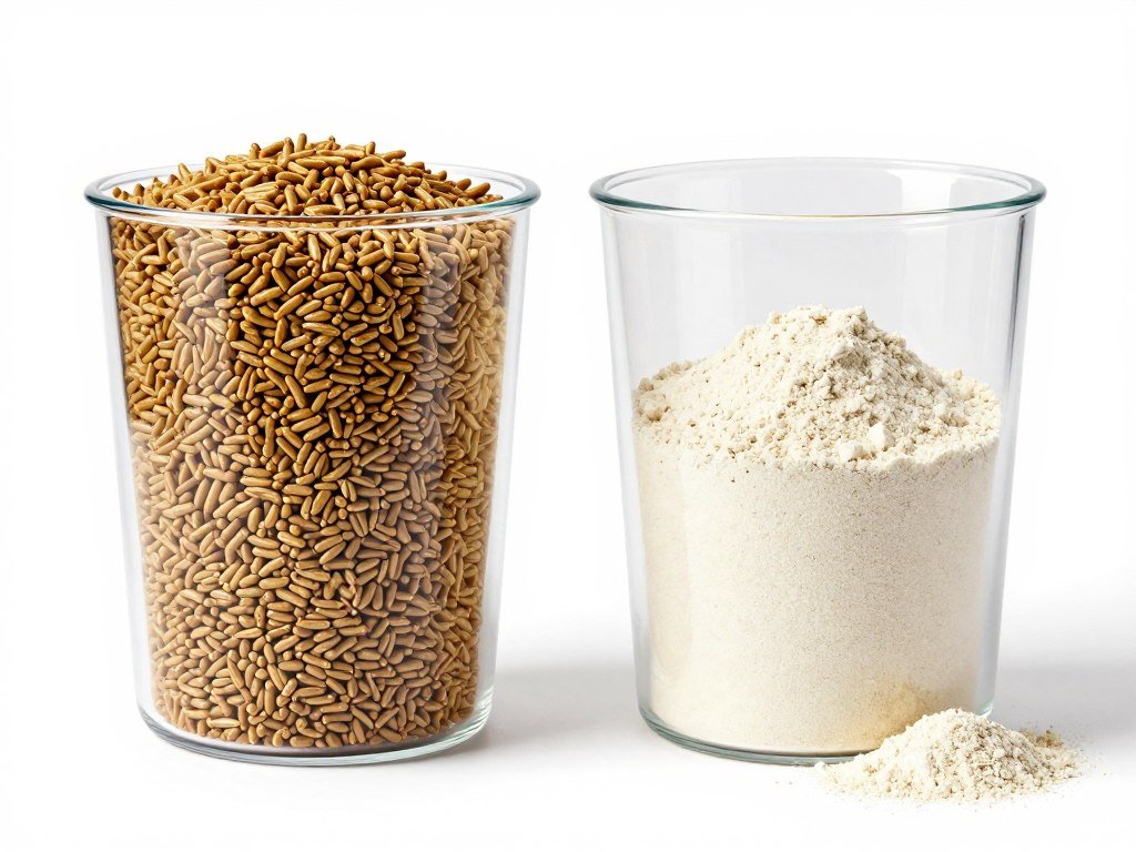 Comparison of pelleted feed vs powdered feed showing less waste