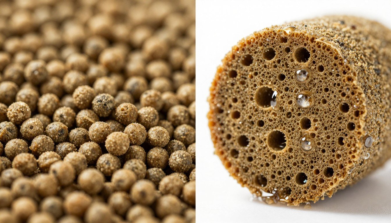 Comparison of pelleted vs extruded aqua feed showing structural differences