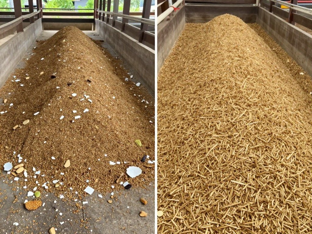 Comparison showing waste from traditional mash feed versus efficient pelleted cattle feed