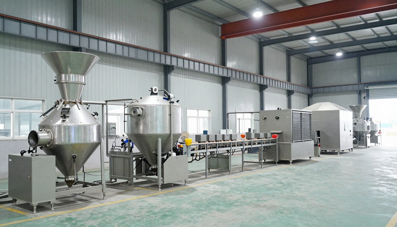 Complete chicken feed production line showing all components from crusher to packaging