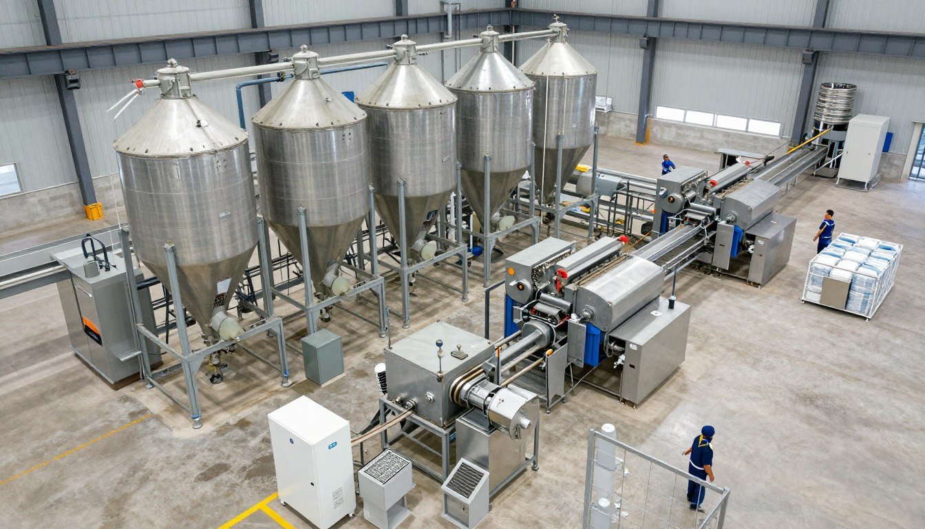 Complete feed production line layout showing all equipment from receiving to packaging