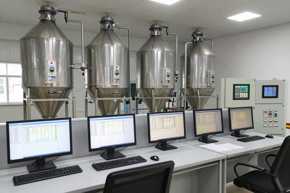 Control room of large MAIKONG feed production facility showing multiple line monitoring Control room of large MAIKONG feed production facility showing multiple line monitoring