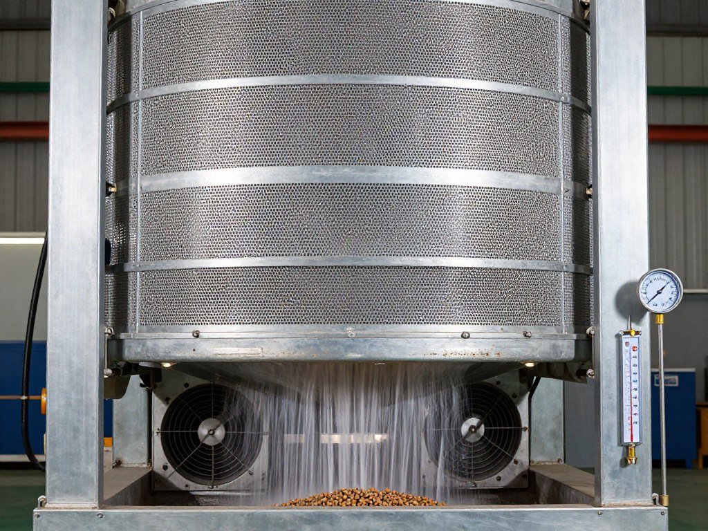 Countercurrent cooler with pellets flowing through cooling chamber