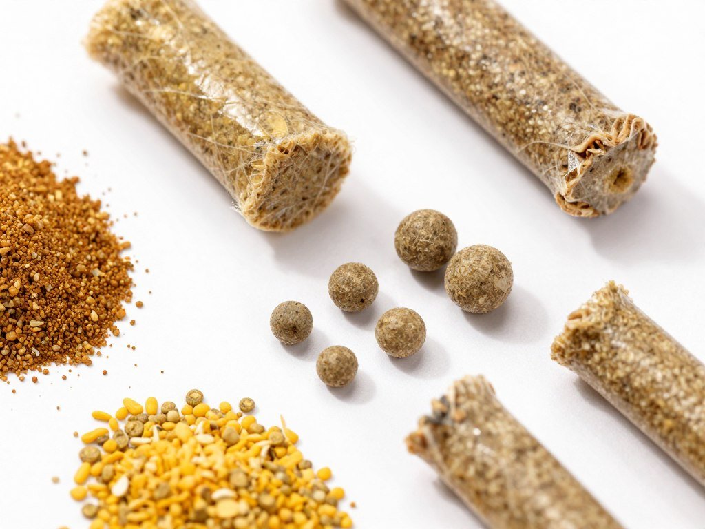 Custom poultry feed pellet samples of different sizes