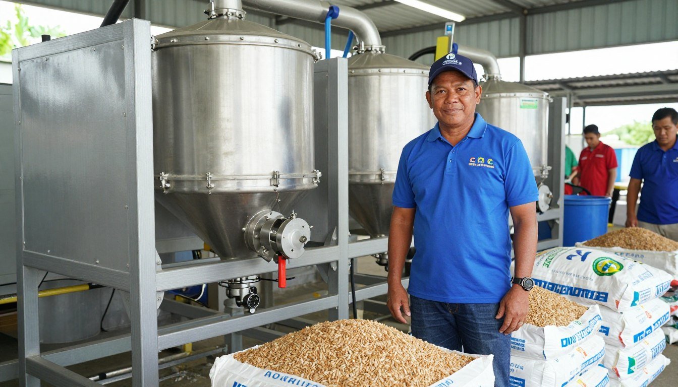 Customer celebrating successful feed production startup