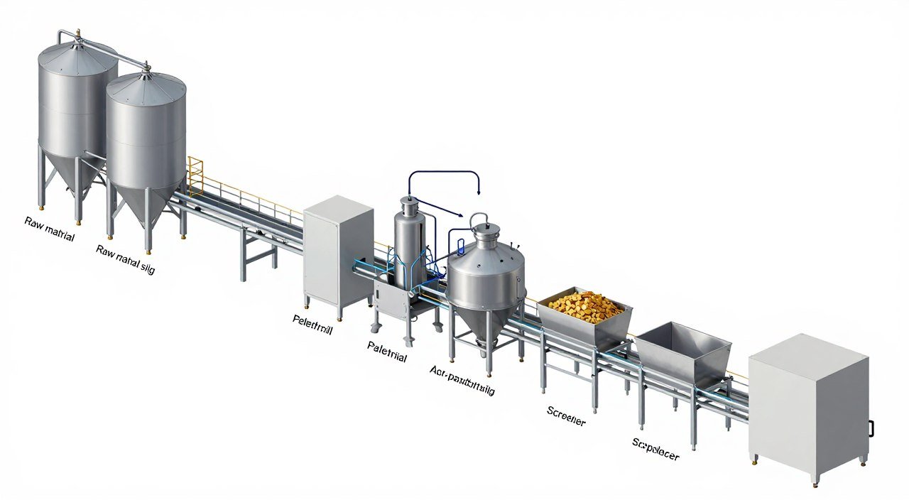 Detailed diagram showing all components of a fish feed production line with labels