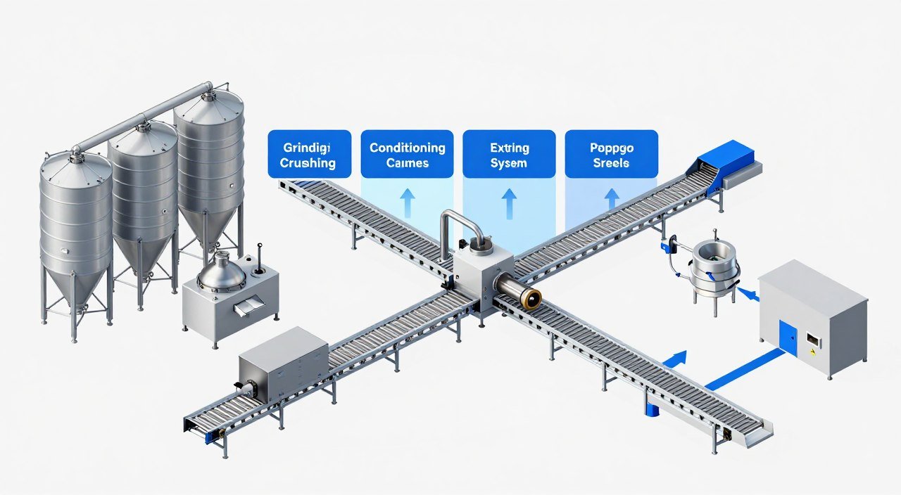 Detailed process flow diagram of aqua feed production showing each stage from raw materials to packaged product