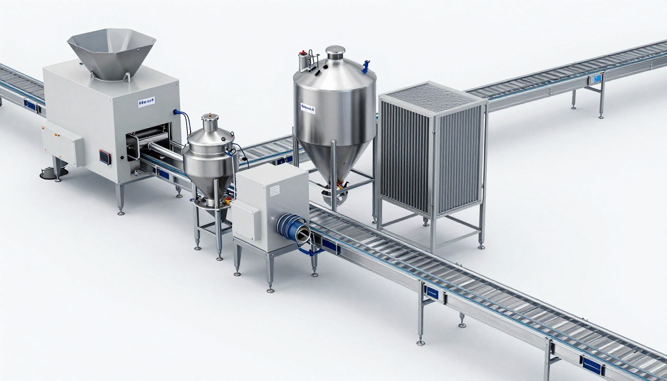 Detailed view of aquatic feed production line component layout
