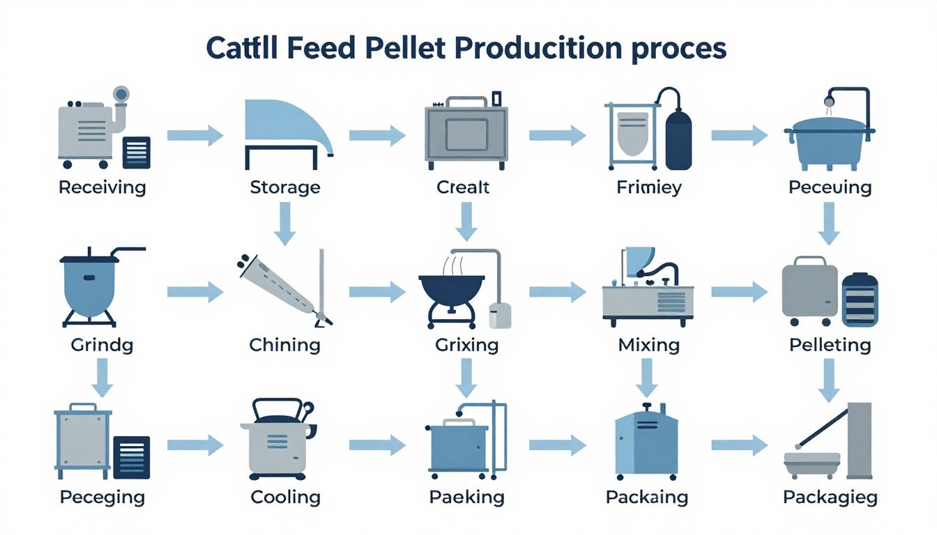 Diagram showing 11 stages of cattle feed pellet production process from raw material to packaged product
