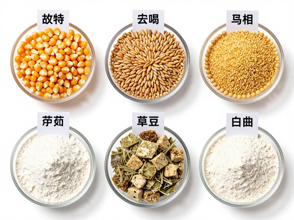 Different raw materials used in cattle feed and poultry feed production