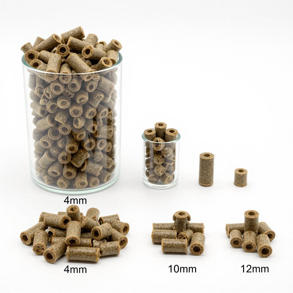 Different sizes of cattle feed pellets displayed for comparison