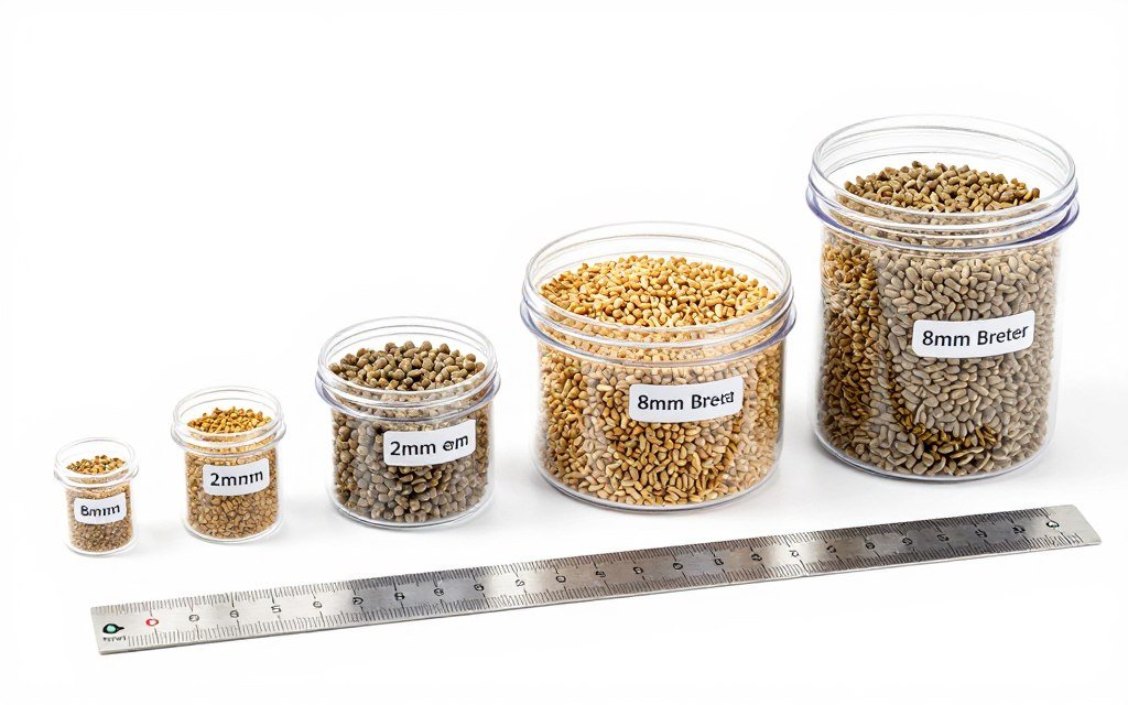 Different sizes of feed pellets for various poultry types