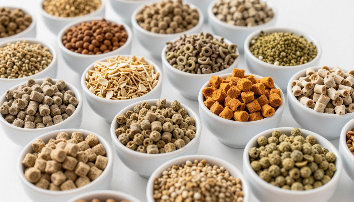 Different types of animal feed pellets