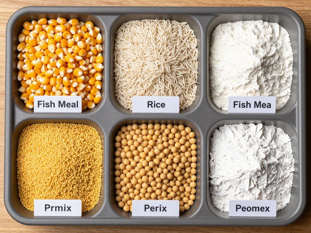 Display of various raw materials used in chicken feed production