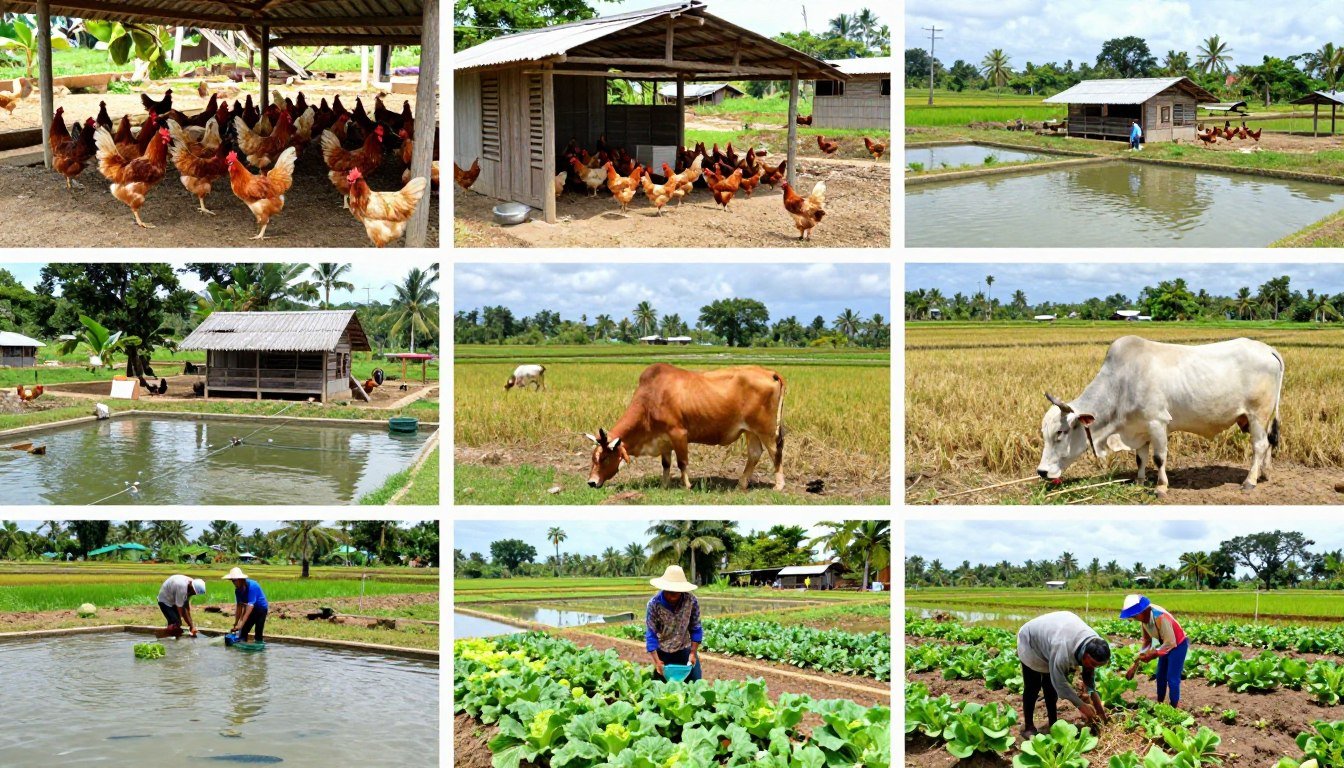 Diverse Philippine farming operations - poultry, fish, livestock