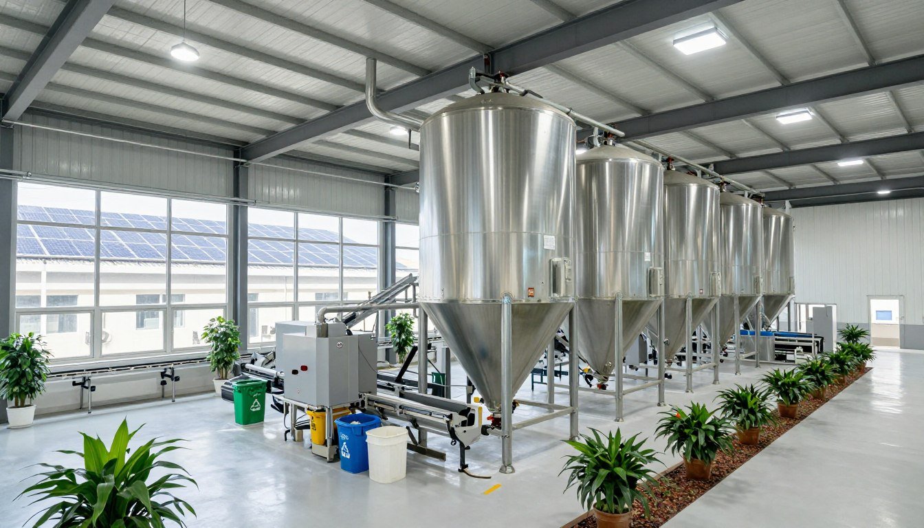 Eco-friendly aqua feed production facility showing dust collection and energy efficient equipment