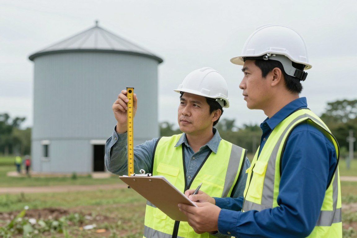 Engineer conducting site assessment for feed mill installation