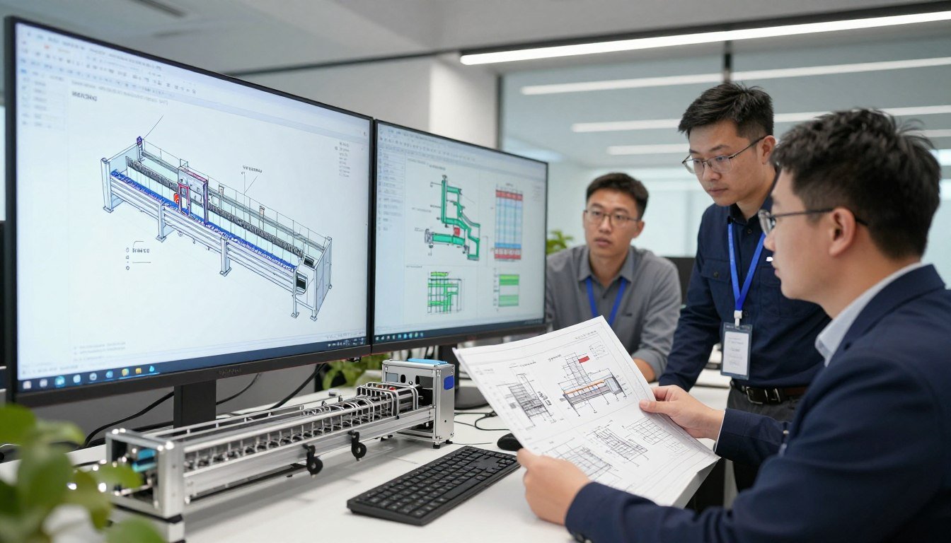 Engineering team designing custom feed production line