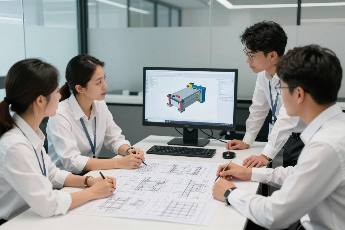 Engineering team reviewing custom aqua feed equipment designs and technical drawings