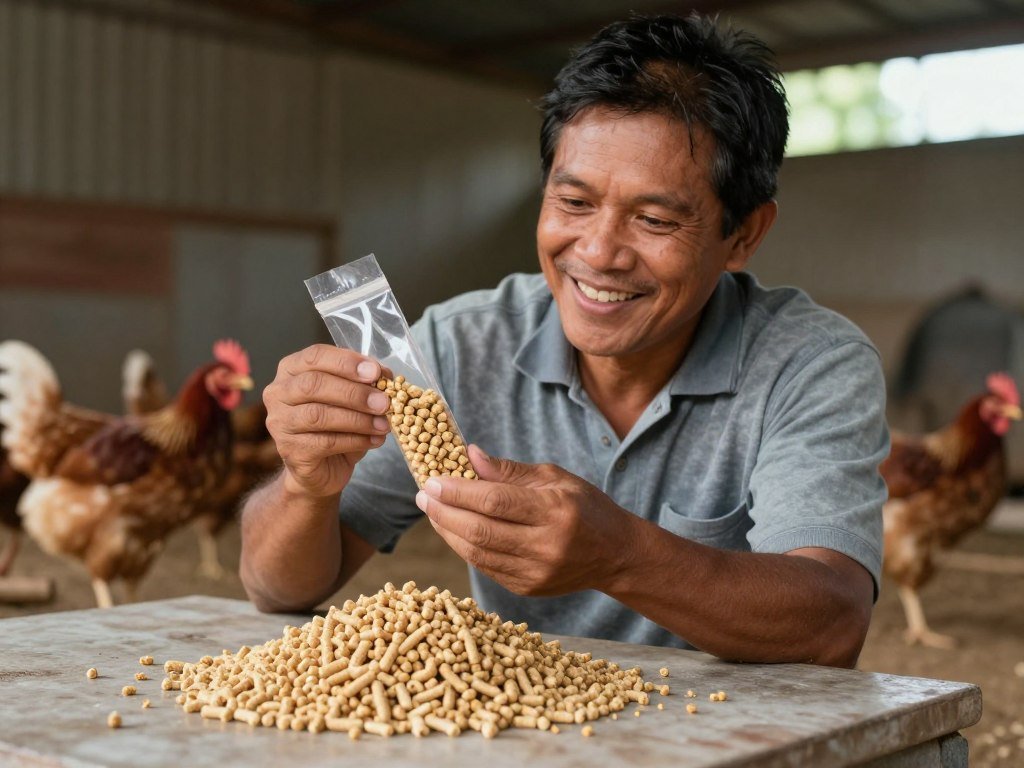 Farm owner conducting first test run of manual pellet machine