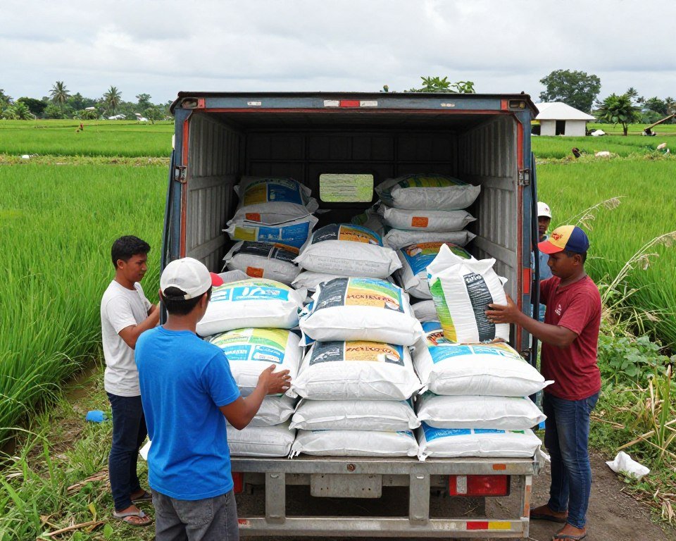 Feed bags being loaded for distribution to local fish farms