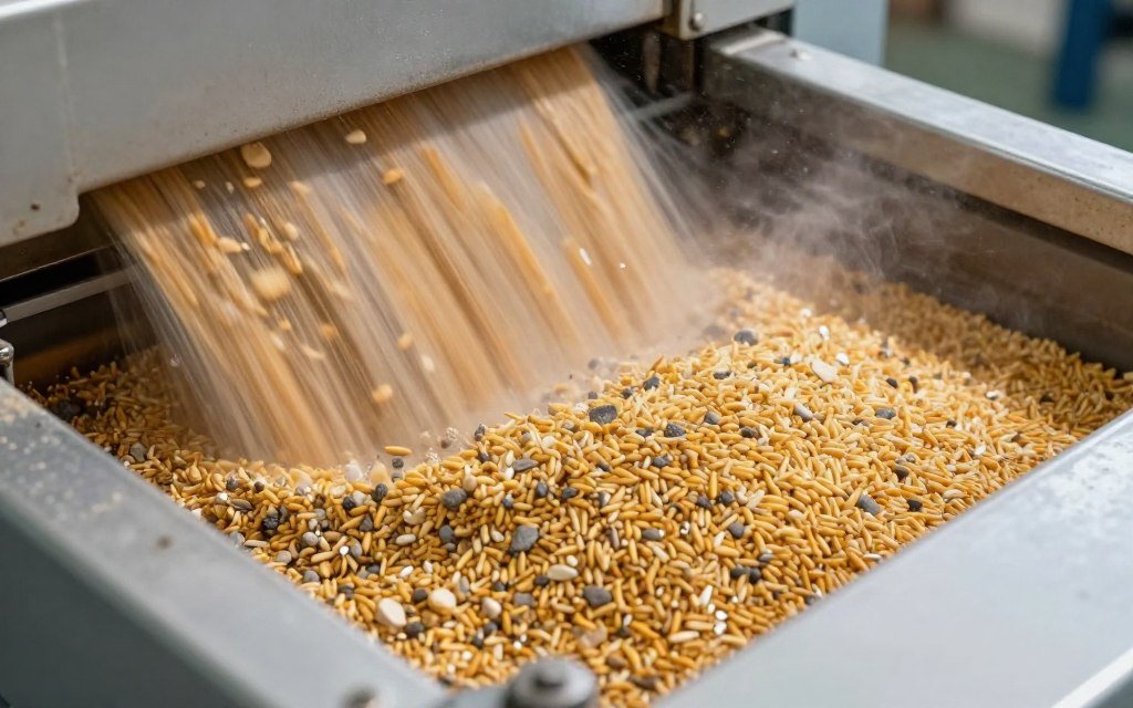 Feed ingredients being cleaned in vibrating screen