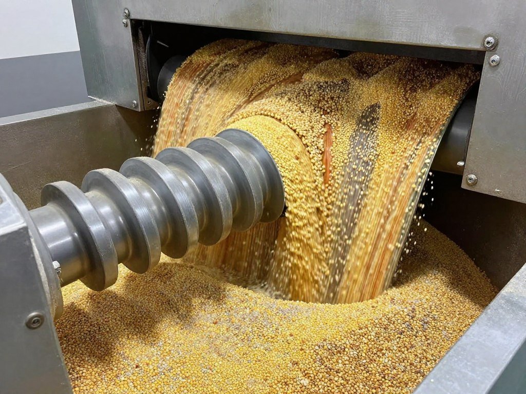 Feed ingredients being mixed in horizontal mixer