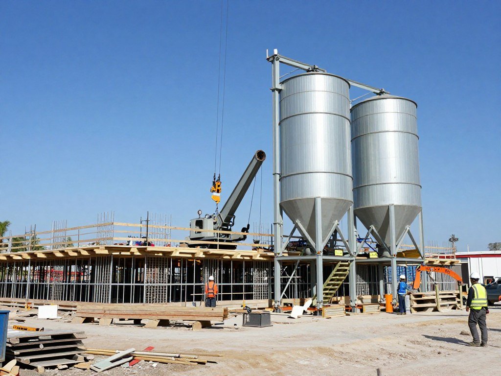 Feed mill construction site showing building and equipment installation Feed mill construction site showing building and equipment installation