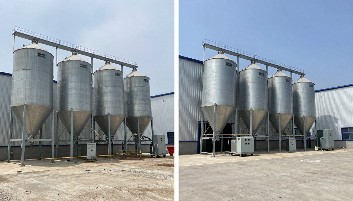 Feed mill expansion project showing before and after Feed mill expansion project showing before and after