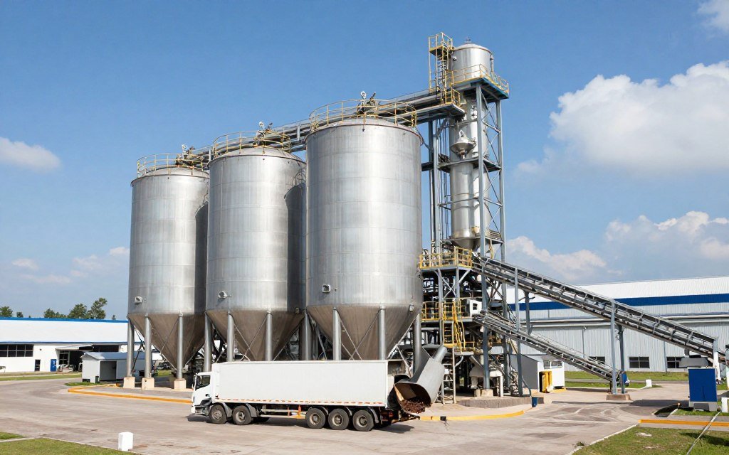 Feed mill ingredient storage silos and receiving area