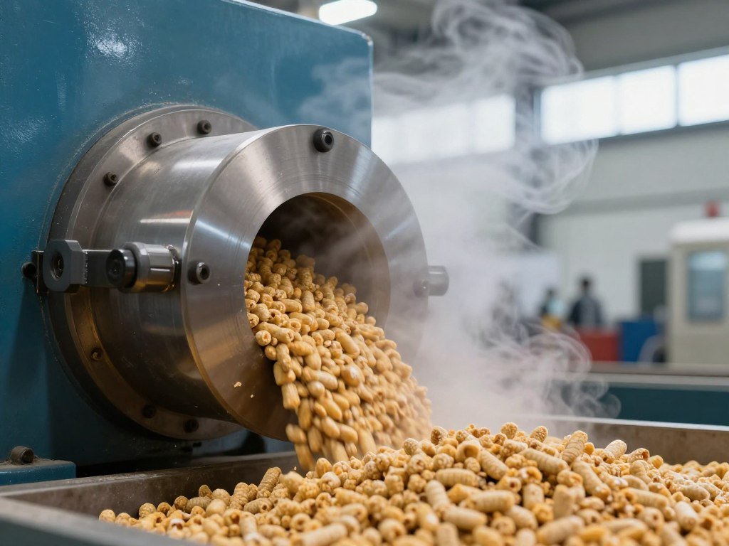Feed pellet mill machine in operation producing pellets
