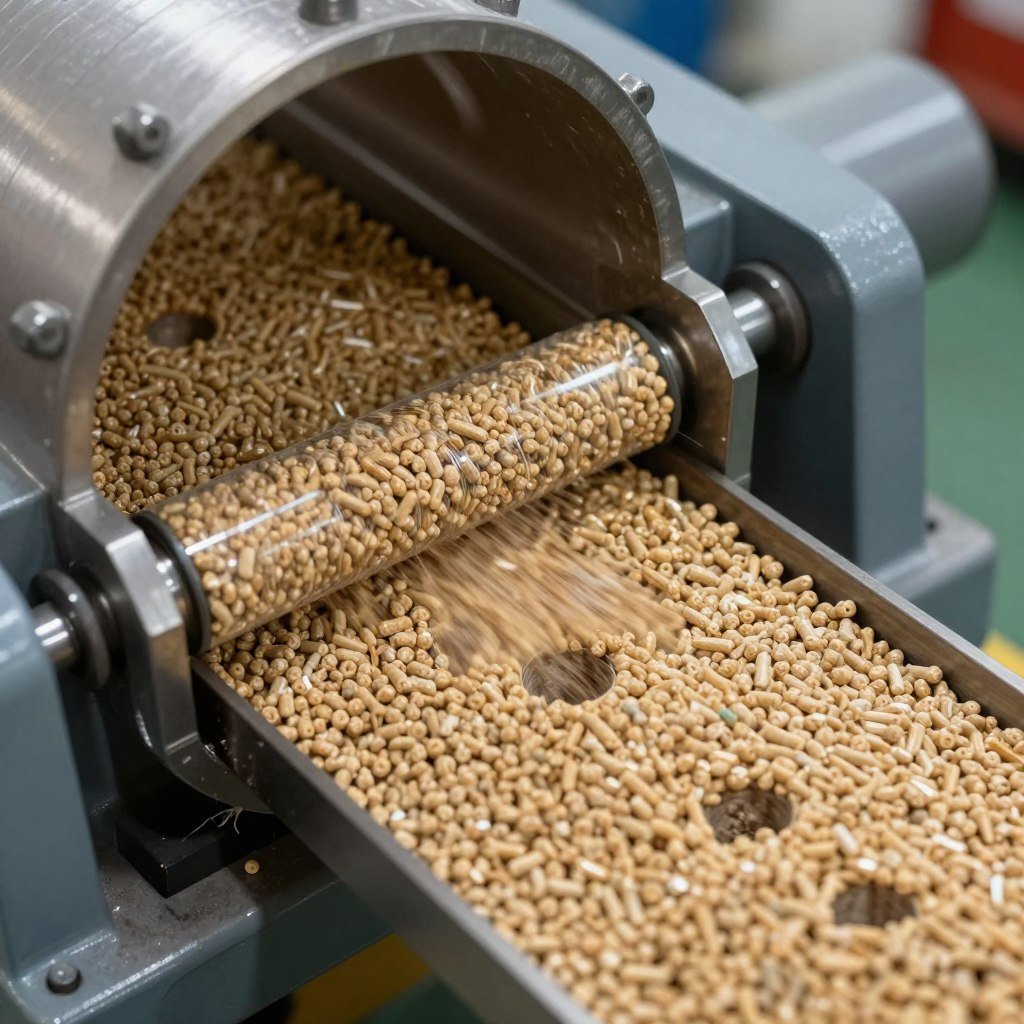 Feed pellet mill ring die and rollers in operation