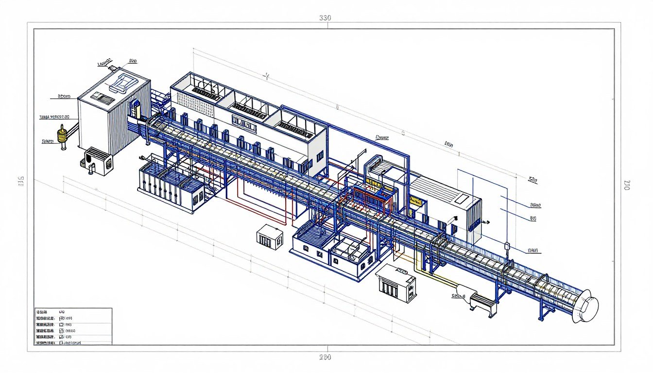 Feed pellet production line layout showing space requirements and power connections Feed pellet production line layout showing space requirements and power connections
